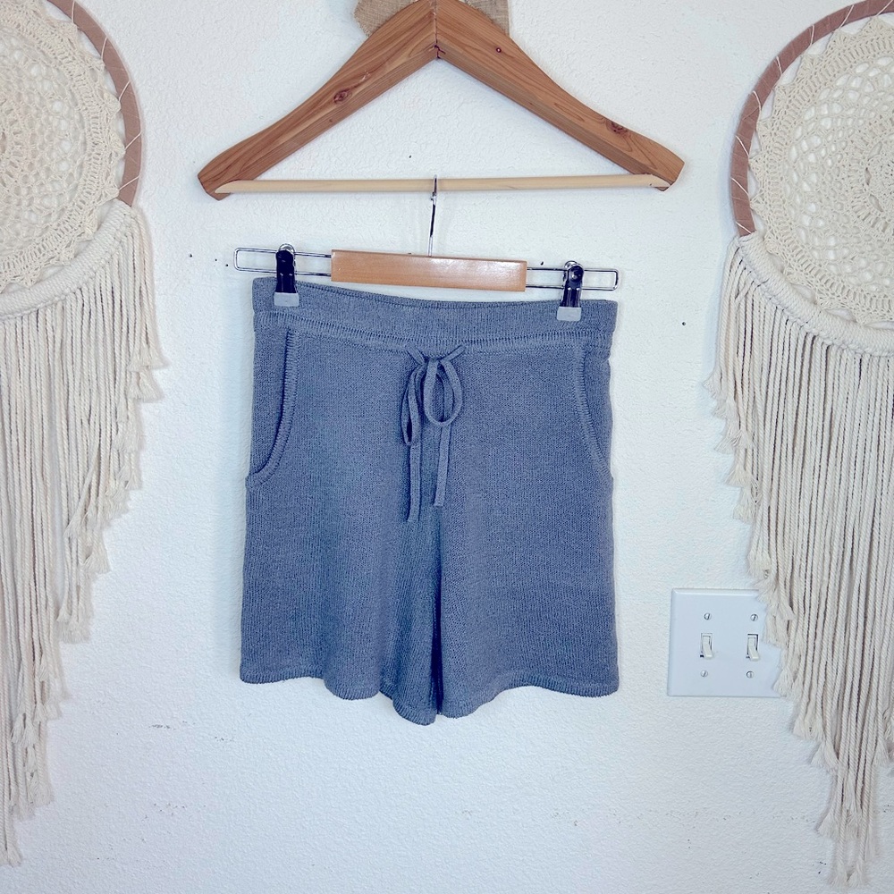Every dusty blue knit tie waist pull on shorts XS